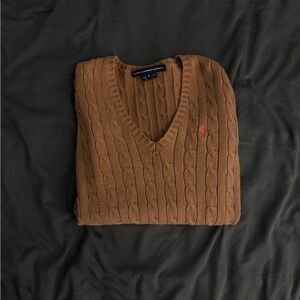 Ralph Lauren Tan Cable Knit V-Neck Sweater